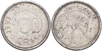 БРАЗИЛИЯ 100 КРУЗЕЙРО РЕАЛ 1993 РЕФОРМА 1993-1994, ВОЛК KM 630 нержавеющая сталь 4388-441