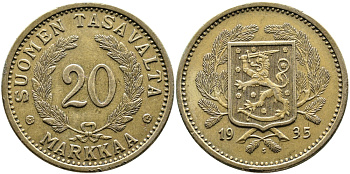 Финляндия 20 марок 1935 S KM 32 алюминиевая бронза 4389-121