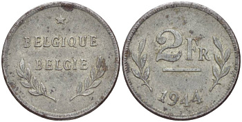 БЕЛЬГИЯ 2 ФРАНКА 1944 ВЫПУСК США KM 133 оцинкованная сталь 4546-241