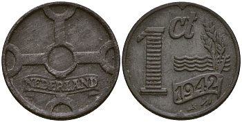 Нидерланды 1 цент 1942 Королева Вильгельмина (1890 - 1948) KM 170 цинк 4169-462