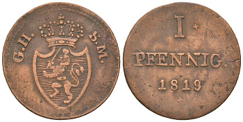 Гессен-Дармштадт 1 пфенниг 1819 G H S M, Людвиг I (1816-1830) KM 280 медь 4615-314