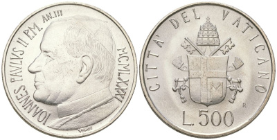 Ватикан 500 лир 1981 Иоанн Павел II (1978-2005) KM 160 серебро UNC 32-712