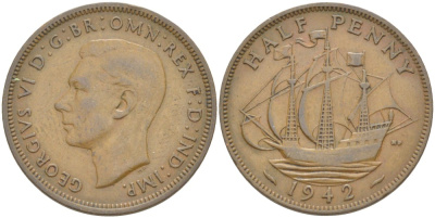 Великобритания 1/2 пенни 1942 Георг VI (1936-1952) KM 844, Spink 4115 бронза 4538-212