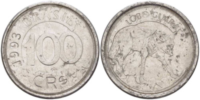 БРАЗИЛИЯ 100 КРУЗЕЙРО РЕАЛ 1993 РЕФОРМА 1993-1994, ВОЛК KM 630 нержавеющая сталь 4388-441