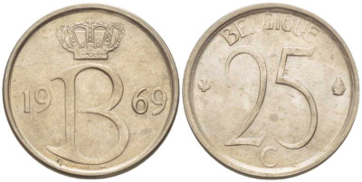БЕЛЬГИЯ 25 САНТИМОВ 1969 BELGIQUE, БОДУЭН I (1951-1993) KM 153.1 медно-никель 214-432