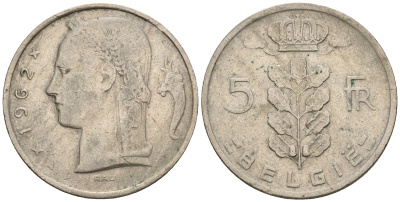 Бельгия 5 франков 1962 Belgie, Бодуэн I (1951-1993) KM 135.1 медно-никель 259-1052