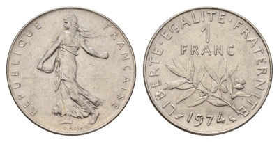 Франция 1 франк 1974 сеятель KM 925 никель 3336-926