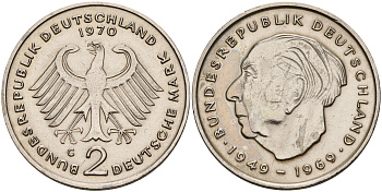 ФРГ 2 марки 1970 G, Теодор Хойс KM 127,  J. 407 медно-никель плакированный никелем 4149-533