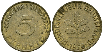 Германия 5 пфеннигов 1950 D KM 107 сталь плакированная латунью 4174-119