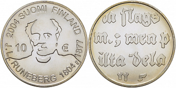 Финляндия 10 евро 2004 200 лет со дня рождения Йохана Людвига Рунеберга, поэт KM 115 серебро  UNC  1077-6-51