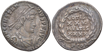 Римская Империя аргентей ('силиква') 353 - 355 Констанций II, бюст императора, D N CONSTANTIVS P F AVG / VOTIS XXX MVLTIS XXXX в венке, Арелат (из немецкой коллекции 1-й половины XX века, с владельческим конвертом) RIC 207 серебро 1073-15-107