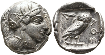 Древняя Греция, Аттика, Афины тетрадрахма 454 - 404 гг. до н.э. голова Афины в шлеме / АФЕ, сова, оливковая ветвь, полумесяц, 15,26 гр Kroll 8 серебро 1073-1-2-3