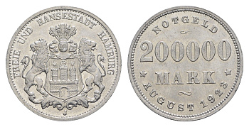 Гамбург 200000 марок 1923 Funck 636.1, Men18 13079.17 алюминий UNC 4548-347