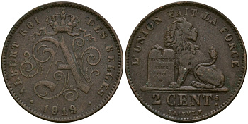 Бельгия 2 сантима 1919 Belges KM 64 медь 4135-956