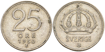 Швеция 25 эре 1950 TS, Густав V (1907-1950) KM 816 серебро 4147-1022