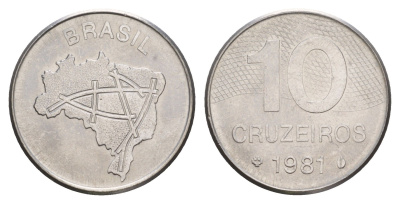 Бразилия 10 крузейро 1981 KM 592.1 нержавеющая сталь 4656-1256