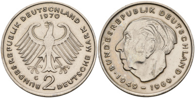 ФРГ 2 марки 1970 G, Теодор Хойс KM 127,  J. 407 медно-никель плакированный никелем 4149-533