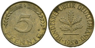 Германия 5 пфеннигов 1950 D KM 107 сталь плакированная латунью 4174-119
