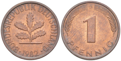 ФРГ 1 ПФЕННИГ 1982 D KM 105, J. 380 сталь плакированная медью 4181-648