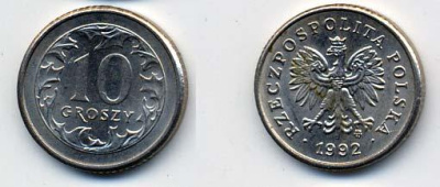 Польша 10 грошей 1992 MW KM 279 медно-никель UNC 58-1226