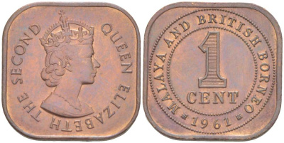 Малайя и Британское Борнео 1 цент 1961 Елизавета II (1952-2022), британские колония KM 5 бронза 4516-716