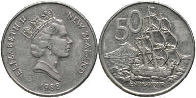 Новая Зеландия 50 центов 1988 Елизавета II (1952-2022), парусник Индевор KM 63 медно-никель 00-00