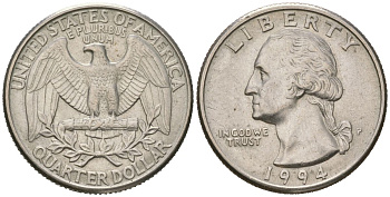 США 25 центов = квотер = 1/4 доллара 1994 P, Джордж Вашингтон KM 164a медь плакированная медно-никелем 216-751