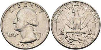 США 25 центов = квотер 1987 P, Вашингтон KM A164a медь плакированная медно-никелем 4584-1235