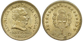 Уругвай 1 песо 1965 KM 46 алюминиевая бронза 34-617