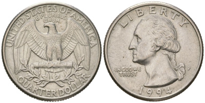 США 25 центов = квотер = 1/4 доллара 1994 P, Джордж Вашингтон KM 164a медь плакированная медно-никелем 216-751