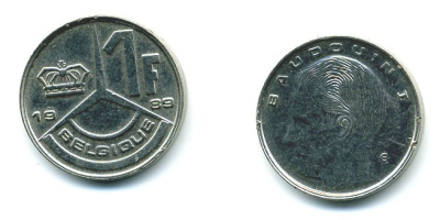 Бельгия 1 франк 1989 Belgique, Бодуэн I (1951-1993) KM 170 железо плакированное никелем 57-517