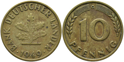 ФРГ 10 ПФЕННИГОВ 1949 G KM 103, J.378 сталь плакированная латунью 98-351