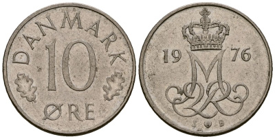 Дания 10 эре 1976 S; B, Маргрете II (1972- ) KM 860.1 медно-никель 4173-748