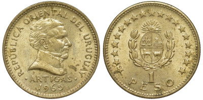 Уругвай 1 песо 1965 KM 46 алюминиевая бронза 34-617