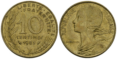 Франция 10 сантимов 1985 тип Марианна KM 929, LE FRANC 144.25 медь алюминий никель 4136-424