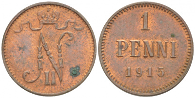 РОССИЯ ДЛЯ ФИНЛЯНДИИ 1 ПЕННИ 1915 НИКОЛАЙ II KM 13, Биткин 475 медь 4396-1439