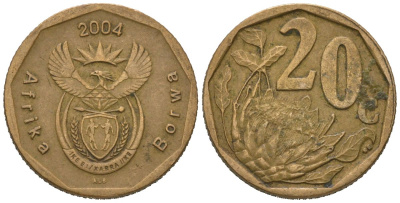 ЮАР 20 центов 2004 KM 328 сталь плакированная бронзой 4621-419