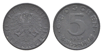 Австрия 5 грошей 1957 KM 2875 цинк 4567-318