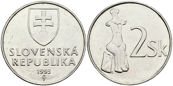 СЛОВАКИЯ 2 КРОНЫ 1993 KM 13 сталь плакированная никелем 540-725