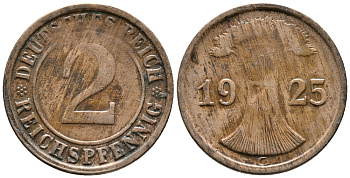 ГЕРМАНИЯ 2 РЕЙХСПФЕННИГА 1925 G KM 38, J. 314 бронза 24-736