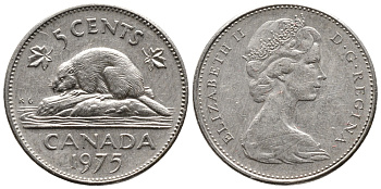 Канада 5 центов 1975 Елизавета II (1952-2022), бобр KM 60.1 никель 4364-127