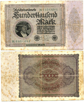 ГЕРМАНИЯ 100000 МАРОК 1923 1 ФЕВРАЛЯ 1923, БЕЗ Т ПОД ПОРТРЕТОМ Pick 83a бумага XF 7146-43-1-1