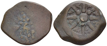 Иудея, династия Хасмонеев прута (известна как 'лепта вдовы') 104 - 76 гг. до н.э. Александр Яннай, греческая легенда 'Царя Александра', якорь / 8-ми лучевая звезда, между лучей та же легенда на иврите, Иерусалим Hendin 1150 медь 1073-21-56