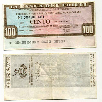 Италия 100 лир 1977 La Banca del friuli, ассоциация торговцев И участников JESOLO LIDO, 16 мая 1977 UDiNE бумага 8588-21-2-1