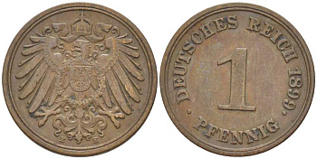 ГЕРМАНИЯ 1 ПФЕННИГ 1899 E KM 10, J. 10, Weege 2 медь 211-236