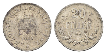 Венгрия 20 филлеров 1920 КВ, Карл I (1916-1918), редкий год KM 498 железо UNC 5010-2045