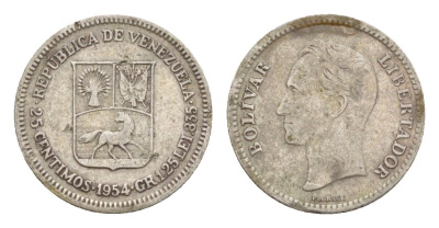 Венесуэла 25 сентимо 1954 Симон Боливар Y 35 серебро 4649-849