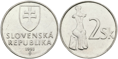СЛОВАКИЯ 2 КРОНЫ 1993 KM 13 сталь плакированная никелем 540-725