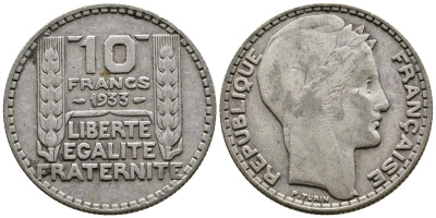 Франция 10 франков 1933 Пьер Тюрен KM 878, Le Franc 360.6 серебро 61-637