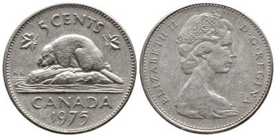 Канада 5 центов 1975 Елизавета II (1952-2022), бобр KM 60.1 никель 4364-127
